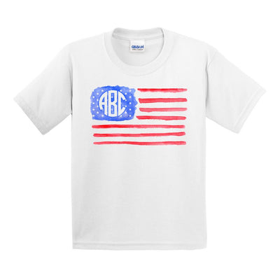 Kids Monogrammed Watercolor American Flag T-Shirt Youth Sizes Fourth of July