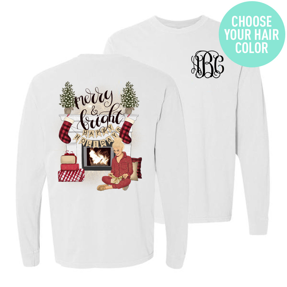 Monogrammed Merry & Bright Front & Back Long Sleeve Shirt Christmas