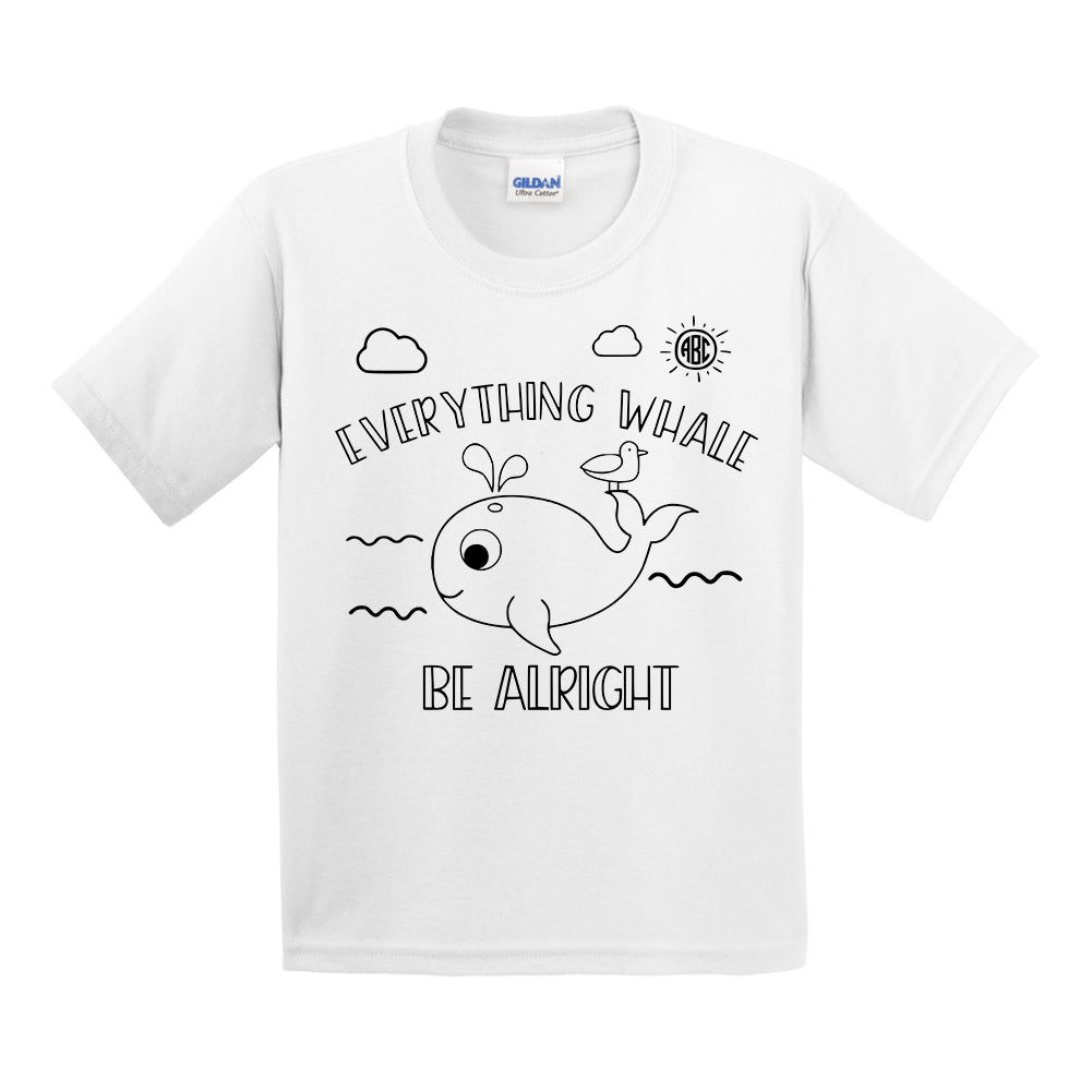 Monogrammed Coloring Everything Whale Be Alright Kids Youth T-Shirt