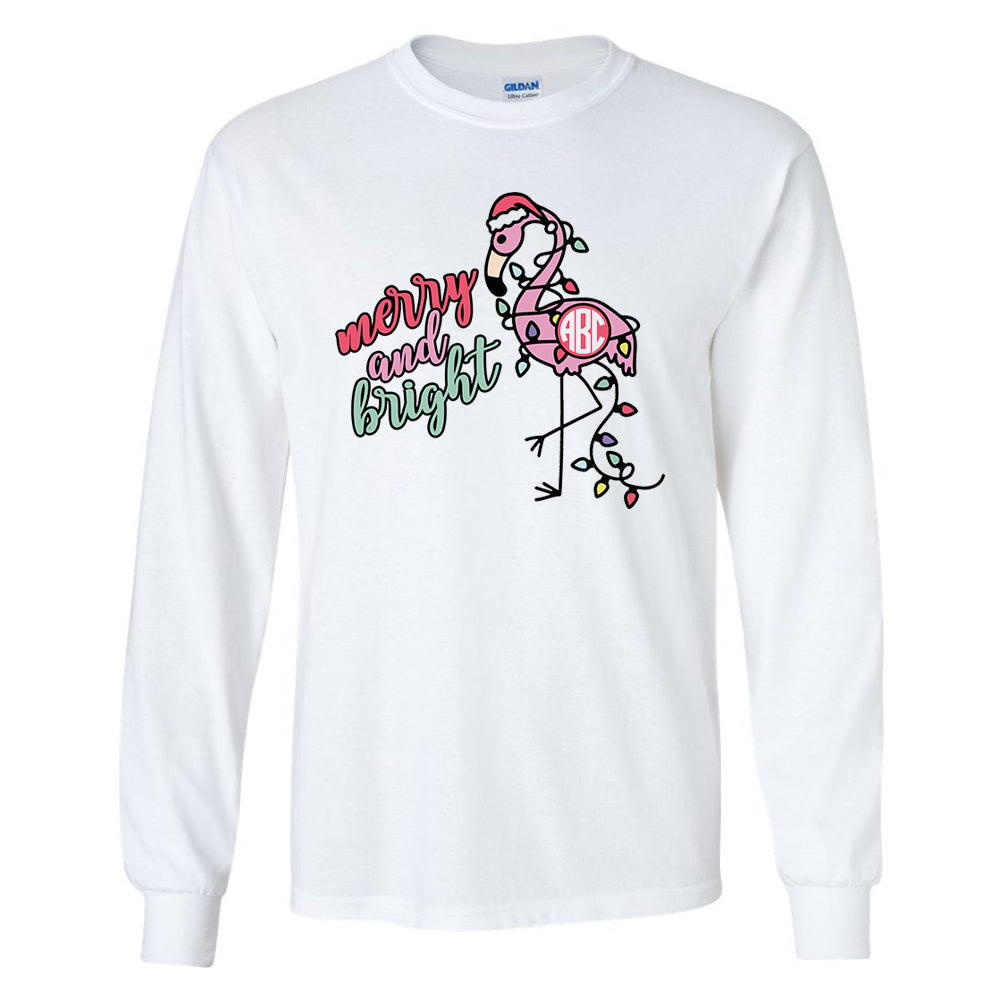 Monogrammed Merry & Bright Flamingo Christmas Long Sleeve Shirt