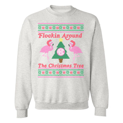 Monogrammed Flamingo Ugly Christmas Sweater Flockin Around The Christmas Tree Sweatshirt