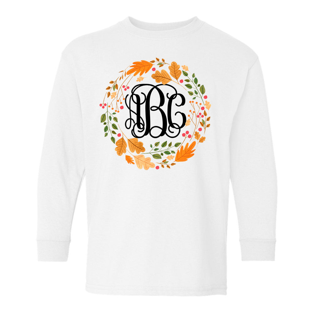 Monogrammed Autumn Wreath Leaf Crown Long Sleeve Shirt Kids Youth Toddler