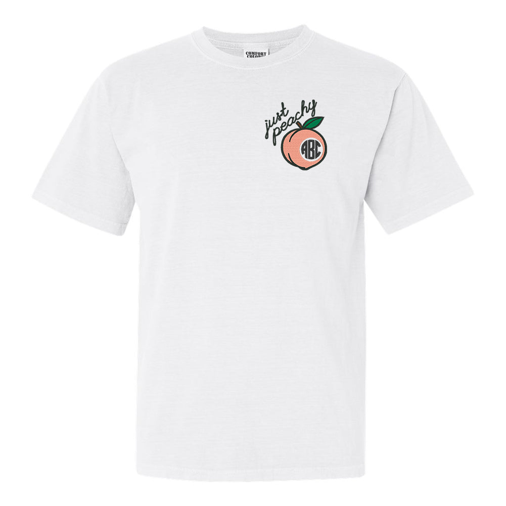 White Comfort Colors t-shirt with 'Just Peachy' Monogram Embroidery