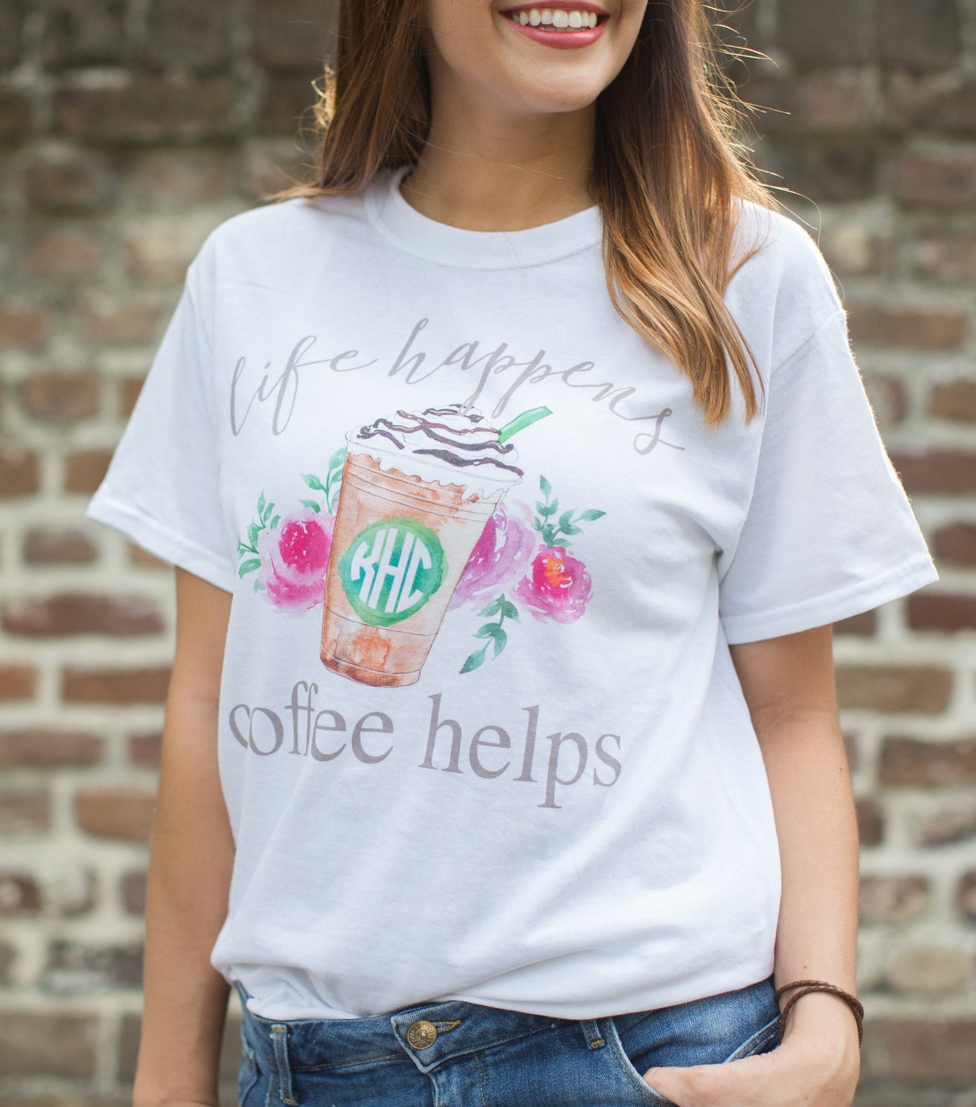Life Happens, Coffee Helps SHirt with personalized monogram