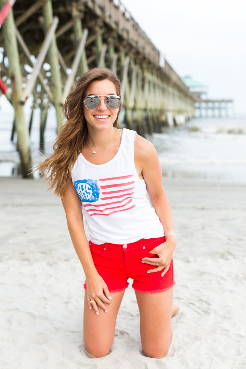 Monogrammed Watercolor American Flag Tank Top Fourth of July