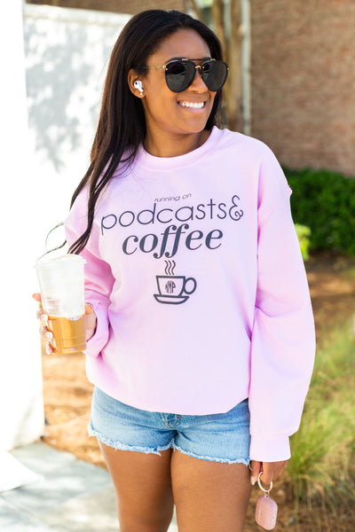 Monogrammed 'Running on Podcasts & Coffee' Crewneck Sweatshirt