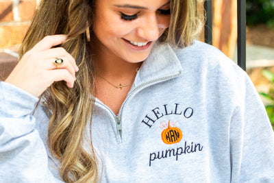 Monogrammed 'Hello Pumpkin' Quarter Zip Sweatshirt