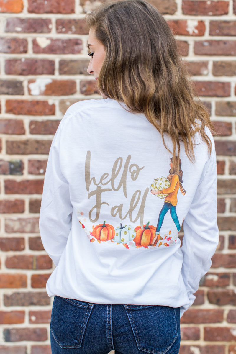 Choose your Hair Color! Monogrammed Hello Fall Pumpkin Front & Back Long Sleeve Shirt