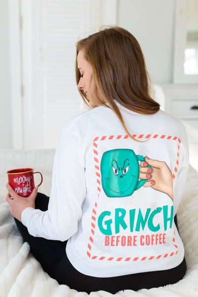 Monogrammed Grinch Before Coffee Front & Back Long Sleeve Shirt