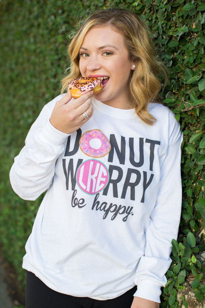 Donut Worry, Be Happy Monogram Shirt- Model Eating Donut