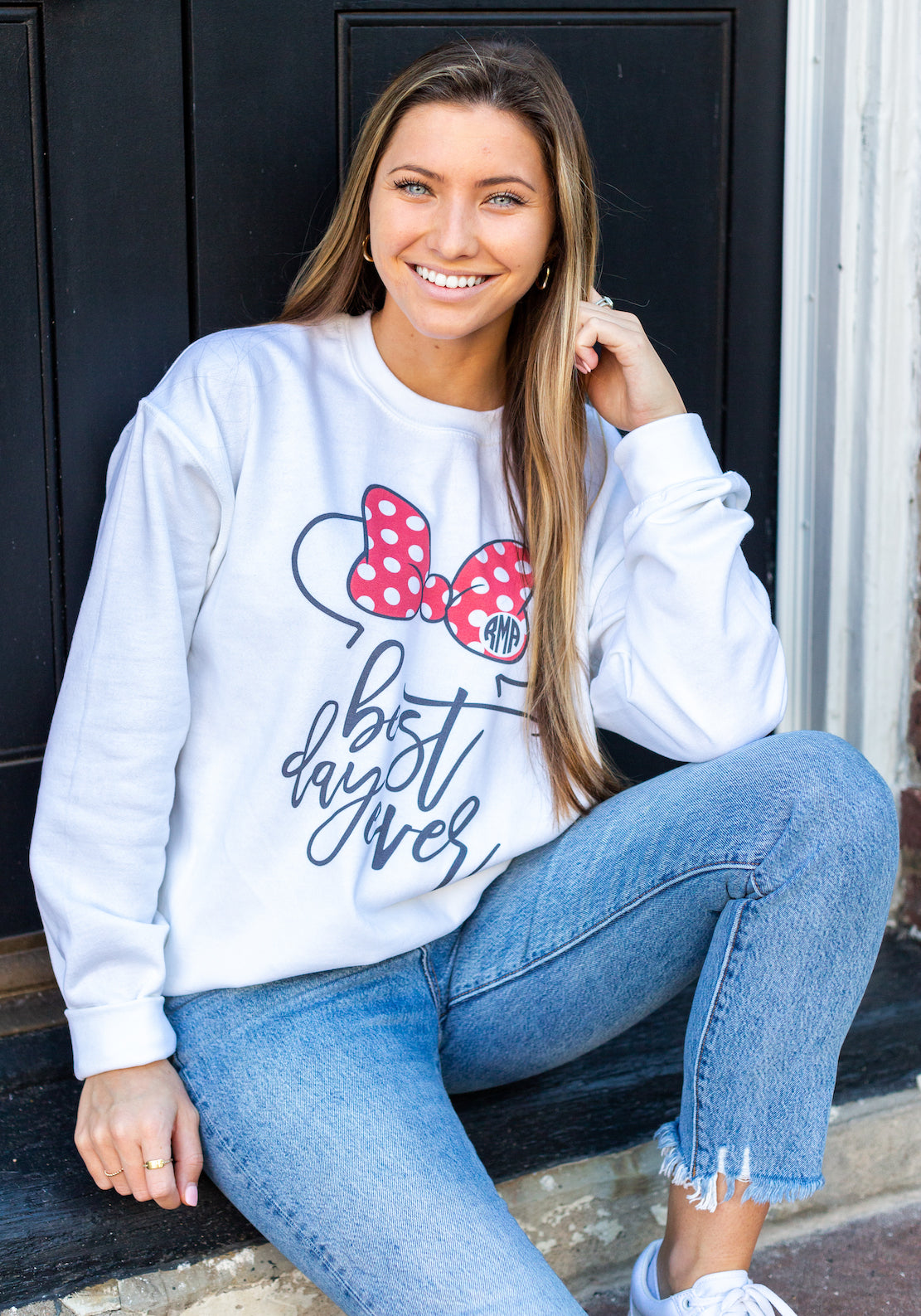 Best Day Ever Minnie Monogram Sweatshirt Model