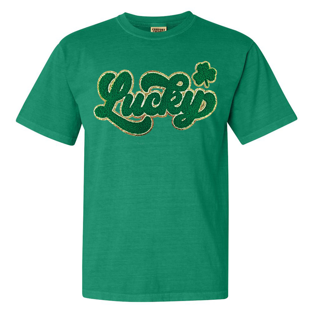 Script Dark Green Lucky Letter Patch Comfort Colors T-Shirt