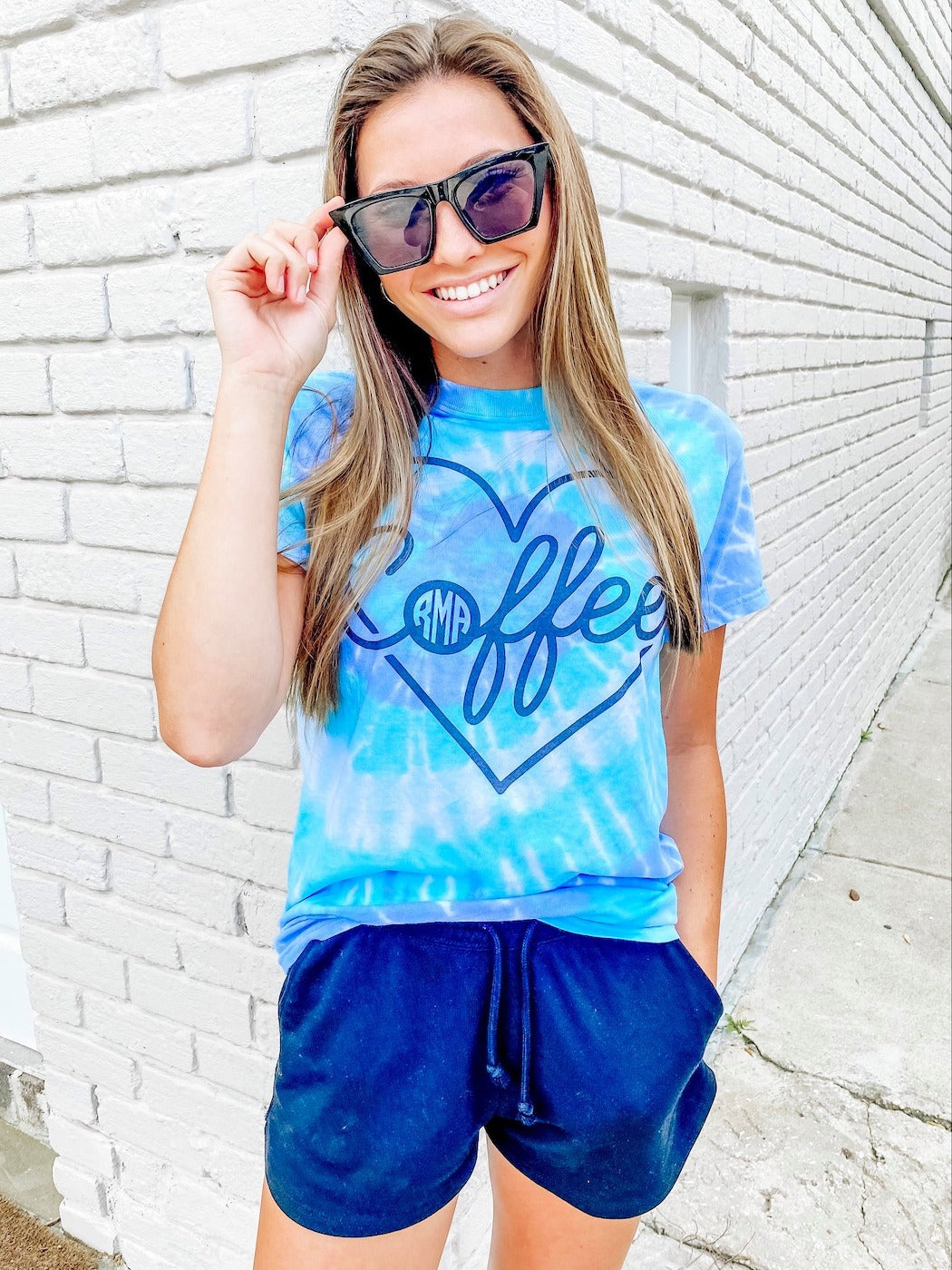 Blue Tie Dye Monogrammed Cofee Heart T-Shirt