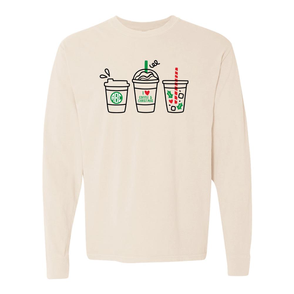 Monogrammed 'I Love Coffee & Christmas' Long Sleeve T-Shirt