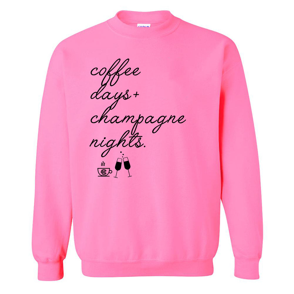 Monogrammed 'Coffee Days + Champagne Nights' Neon Crewneck Sweatshirt