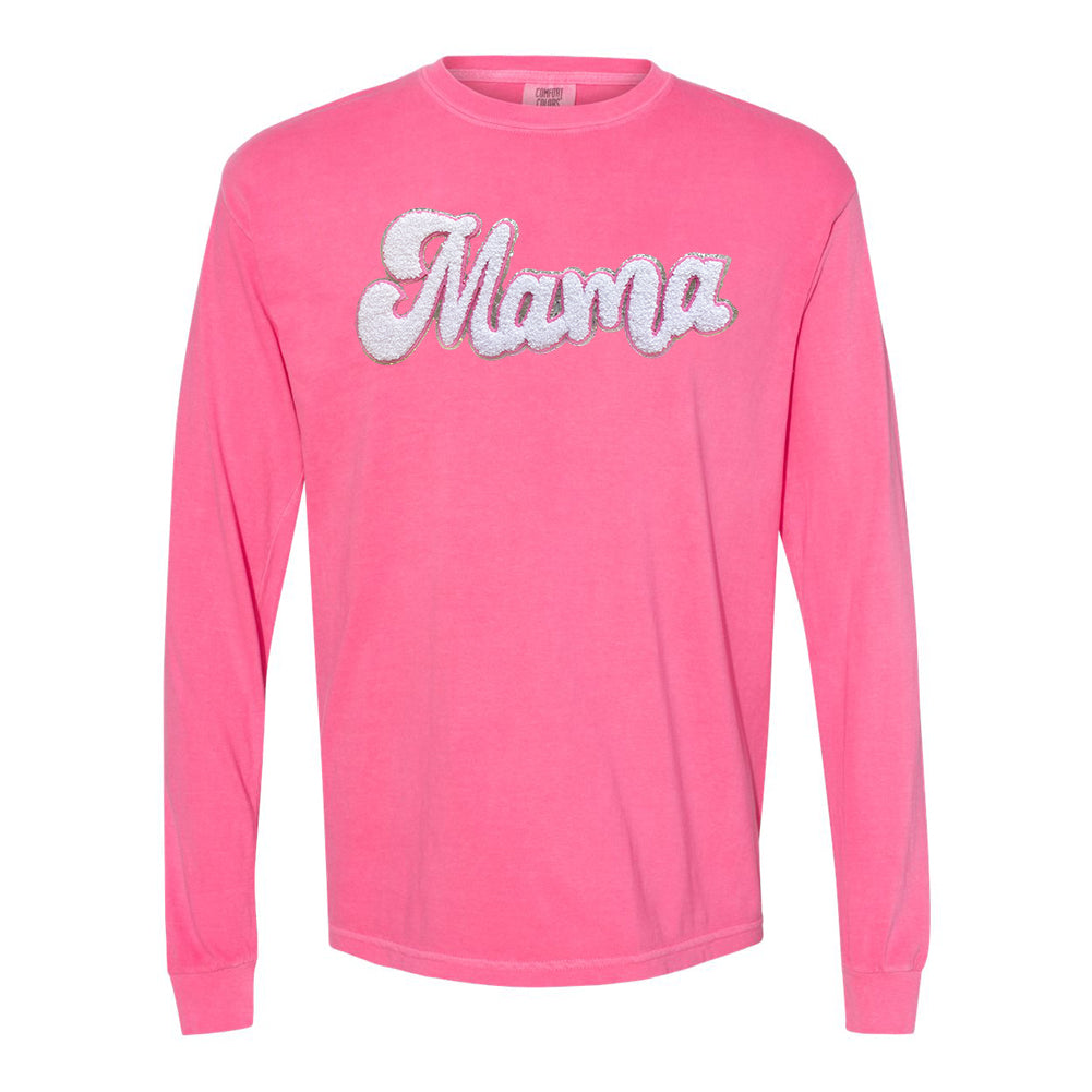 White with Silver Mama Script Letter Patch Long Sleeve T-Shirt