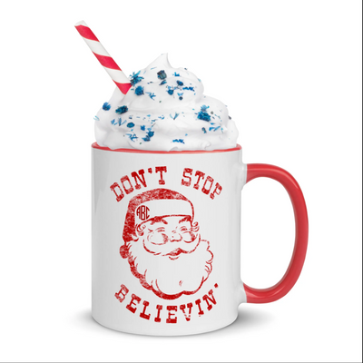 Monogrammed Santa Don't Stop Belieivin' Mug