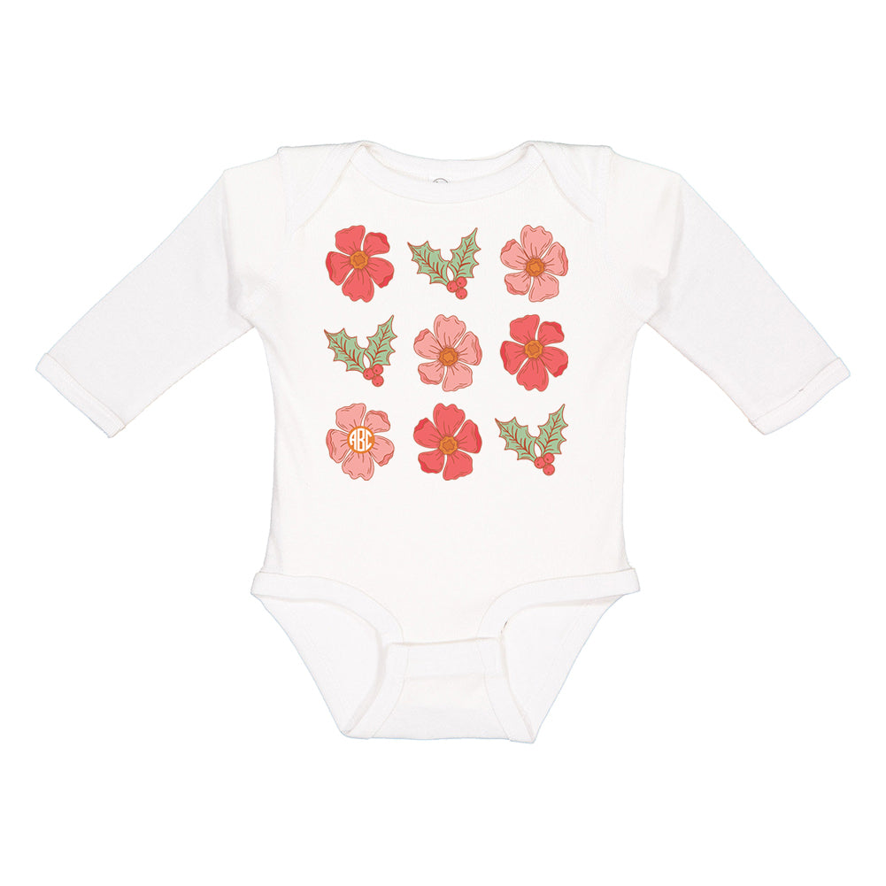 Infant Monogrammed 'Mistletoe & Flowers' Onesie Long Sleeve