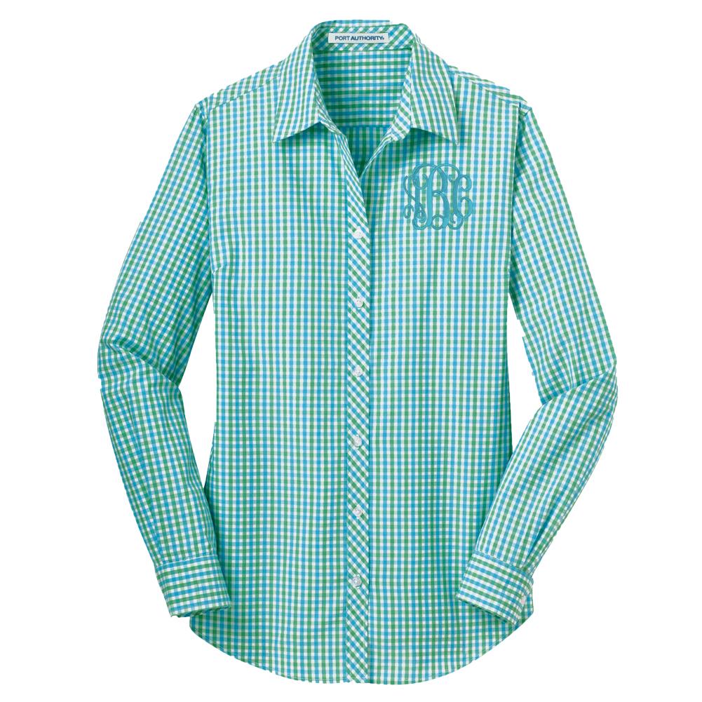 Monogrammed Gingham Button-Up Button Down Blouse Shirt Work Office Attire