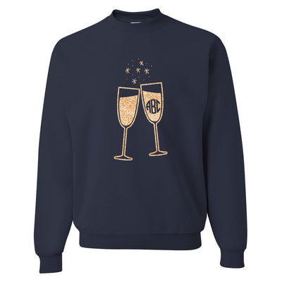 Navy Blue Sweatshirt Glitter Monogram Champagne Glasses
