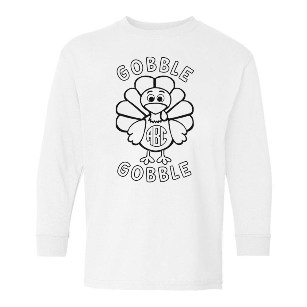 Kids Monogrammed Coloring 'Gobble Gobble' Long Sleeve T-Shirt