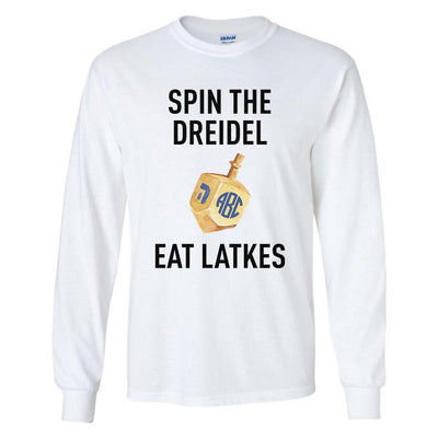 Monogrammed Hanukkah Long Sleeve Shirt Spin the Dreidel Eat Latkes