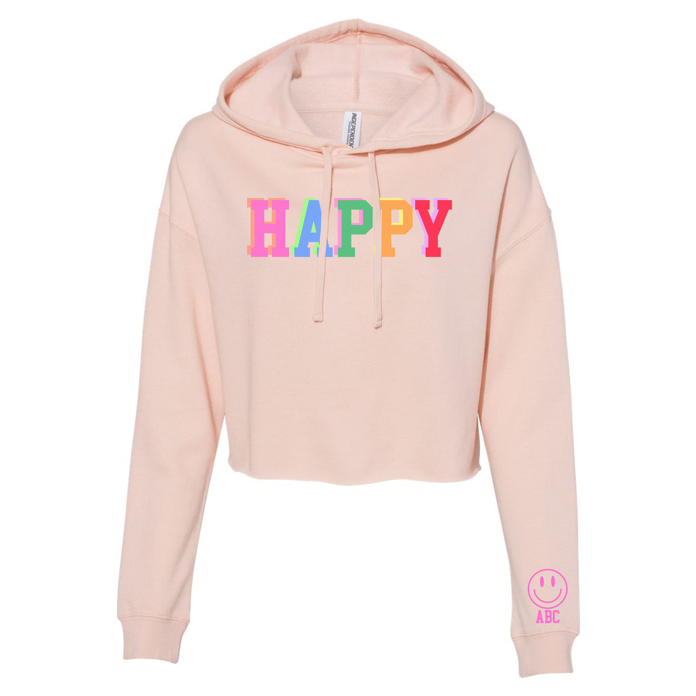 Initialed Sleeve Colorful Block 'Happy' Cropped Hoodie