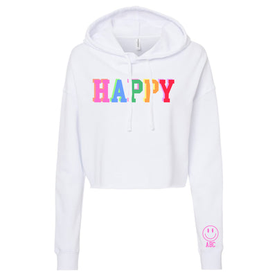 Initialed Sleeve Colorful Block 'Happy' Cropped Hoodie