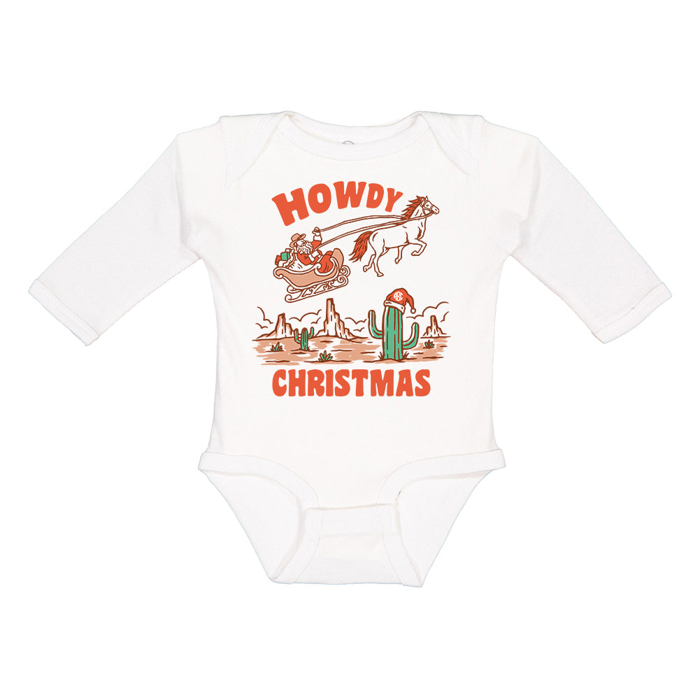 Infant Monogrammed 'Howdy Christmas' Onesie Long Sleeve