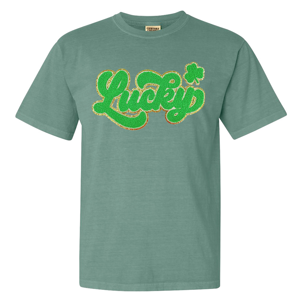 Script Bright Green Lucky Letter Patch Comfort Colors T-Shirt