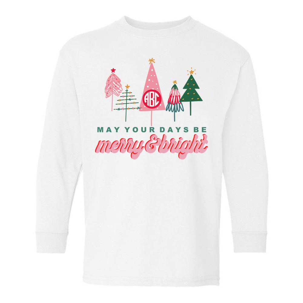 Kids Monogrammed 'Merry & Bright' Long Sleeve T-Shirt