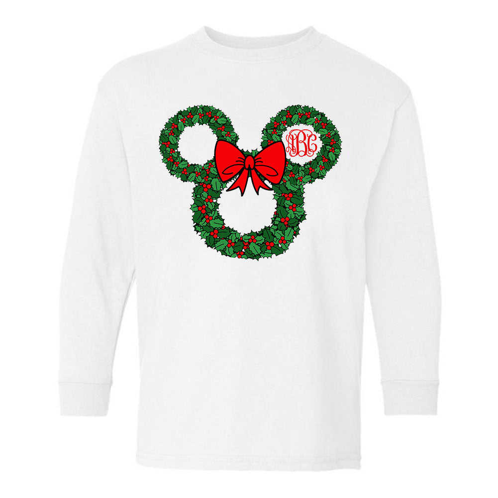 Kids Monogrammed 'Minnie Christmas Wreath' Long Sleeve T-Shirt