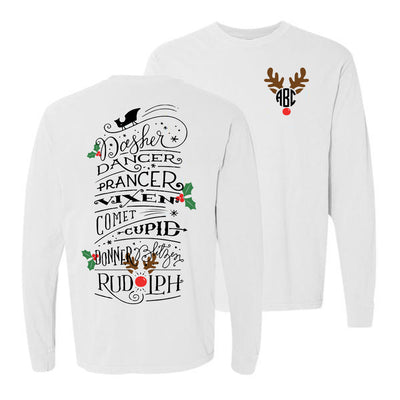 Monogrammed Reindeer Names Rudolph Front & Back Long Sleeve Shirt