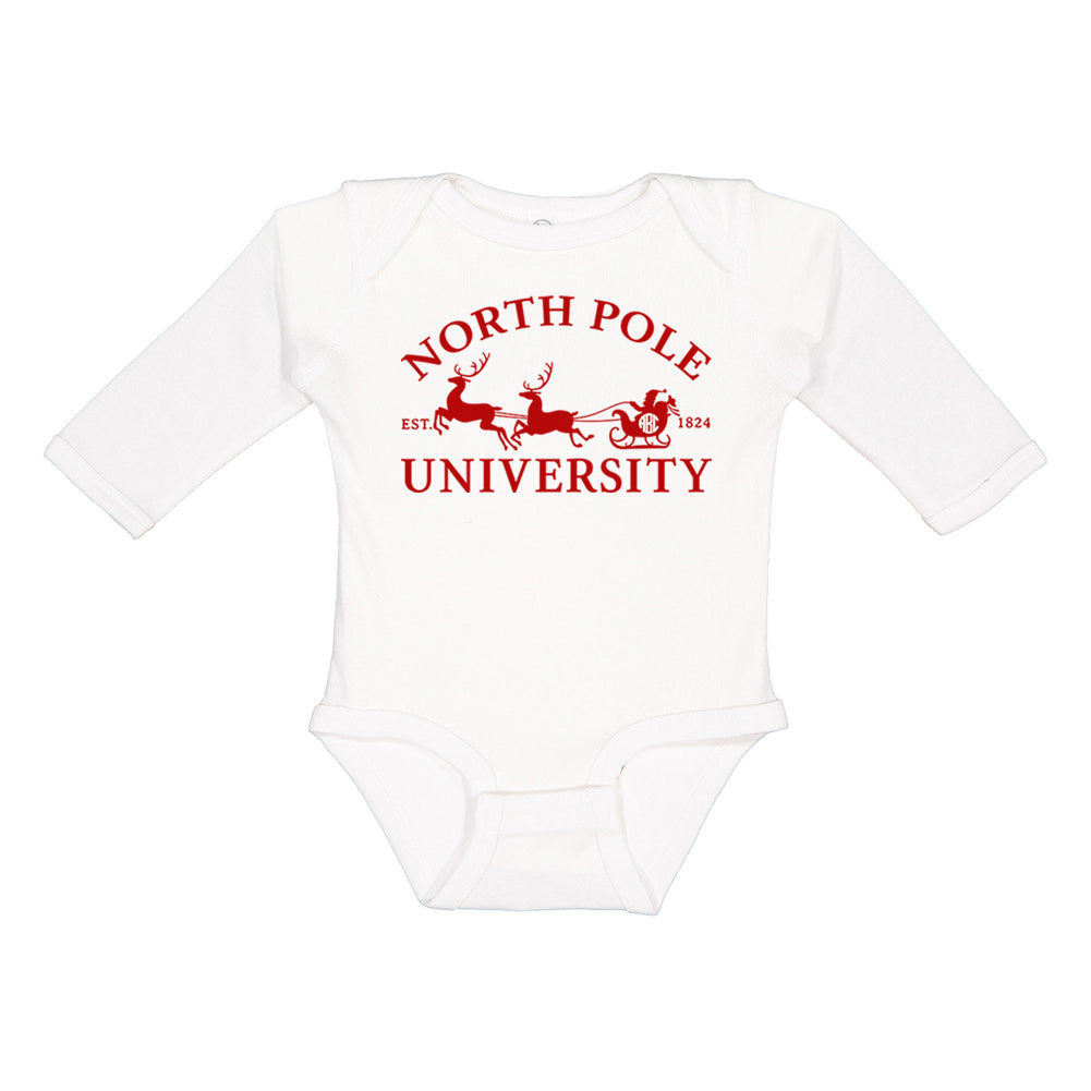 Infant Monogrammed 'North Pole University' Onesie Long Sleeve