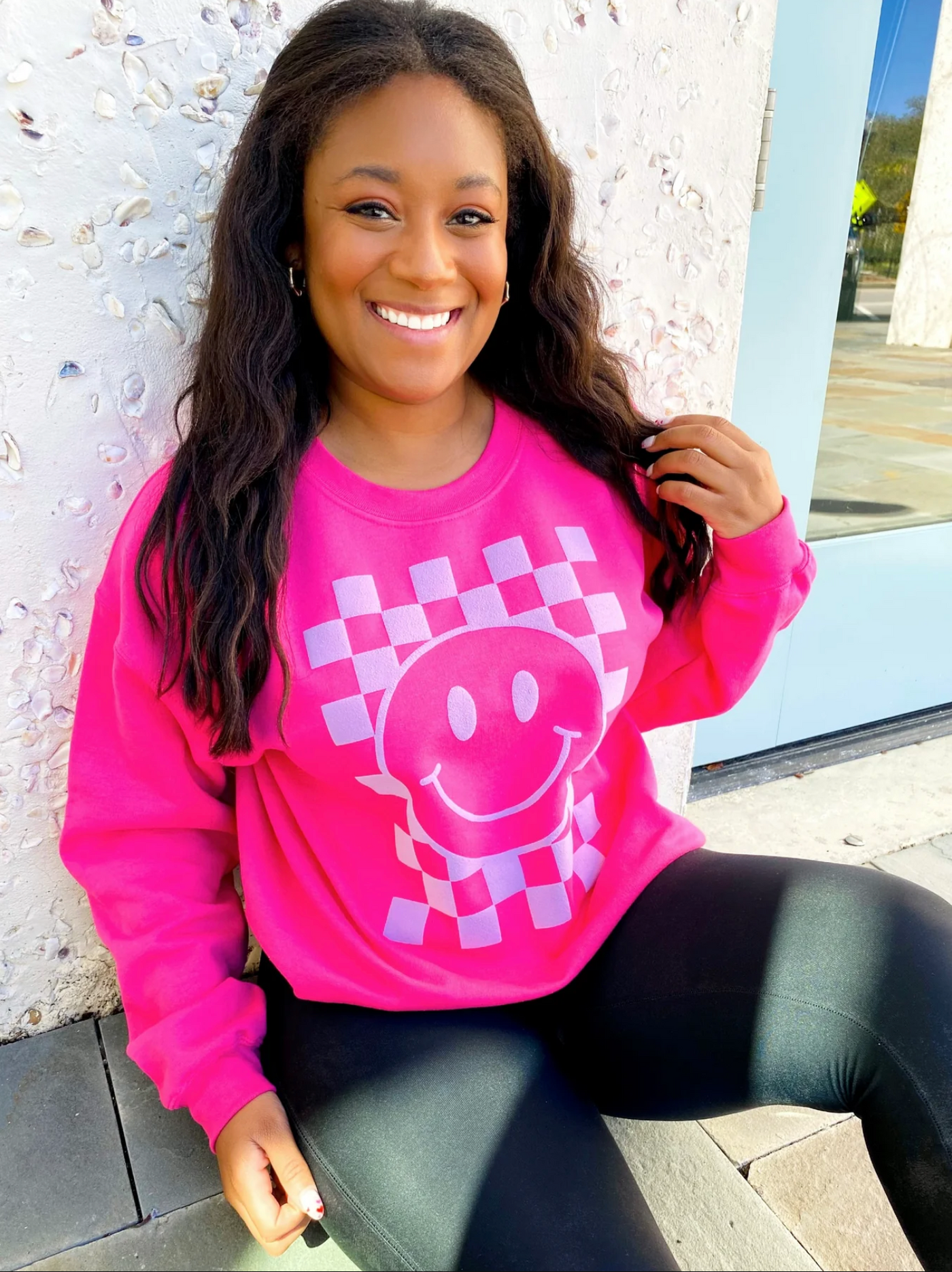 'Smiley Check' Puff Design Crewneck Sweatshirt