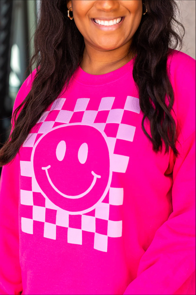 'Smiley Check' Puff Design Crewneck Sweatshirt