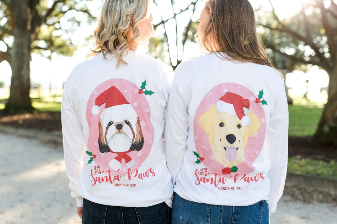 Monogrammed Personalized Santa Paws Dog Front & Back Shirt Christmas Holiday Dog Puppy