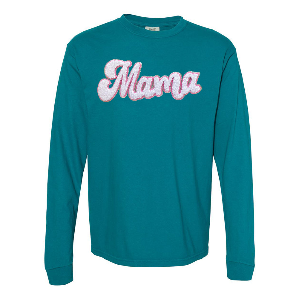 White with Silver Mama Script Letter Patch Long Sleeve T-Shirt