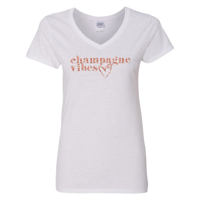 Monogrammed Glitter 'Champagne Vibes' V-Neck T-Shirt