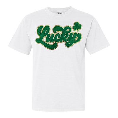 Script Dark Green Lucky Letter Patch Comfort Colors T-Shirt