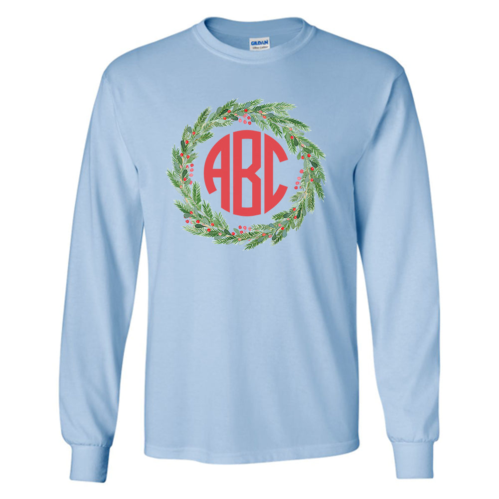 Monogrammed 'Mistletoe Wreath' Basic Long Sleeve T-Shirt