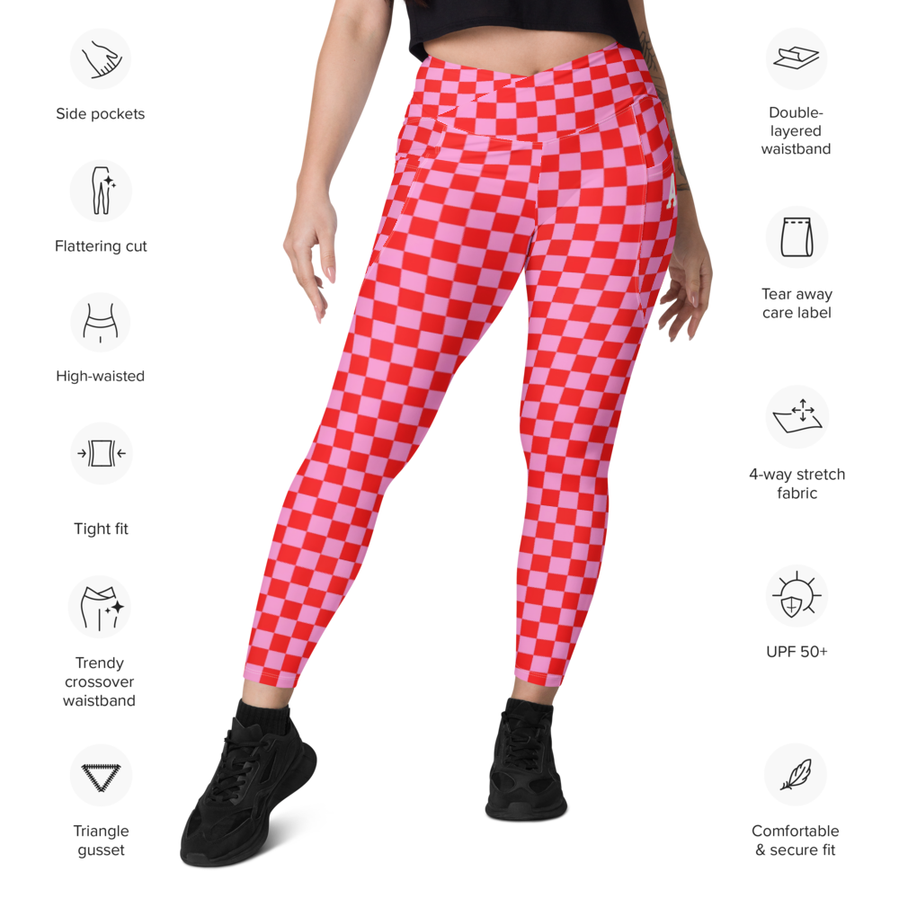 'Pink Check' Crossover Leggings with pockets