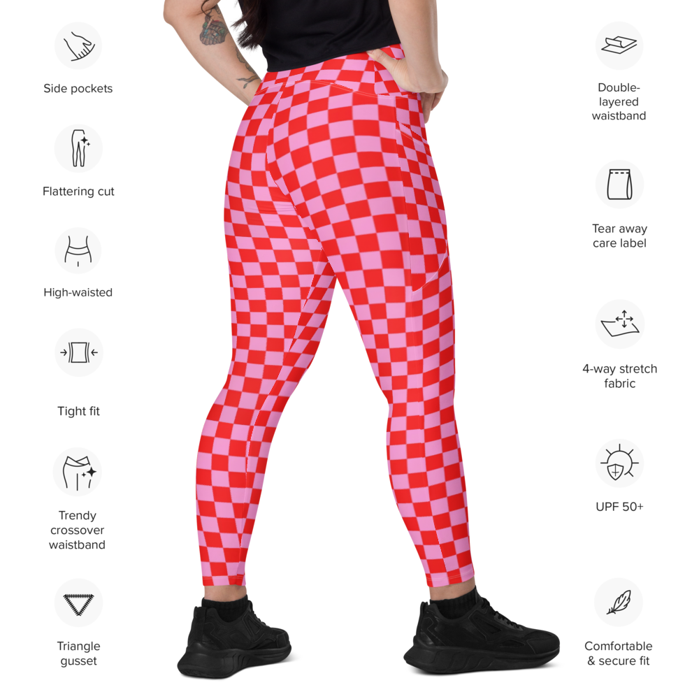 'Pink Check' Crossover Leggings with pockets