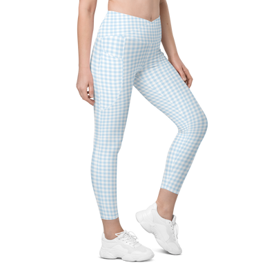 Initialed 'Blue Gingham' Crossover Leggings with pockets