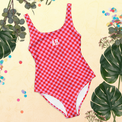 Initialed 'Pink Check' One-Piece Swimsuit