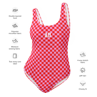 Initialed 'Pink Check' One-Piece Swimsuit