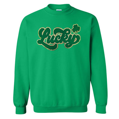 Script Dark Green Lucky Letter Patch Crewneck Sweatshirt