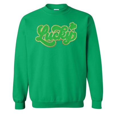 Script Bright Green Lucky Letter Patch Crewneck Sweatshirt