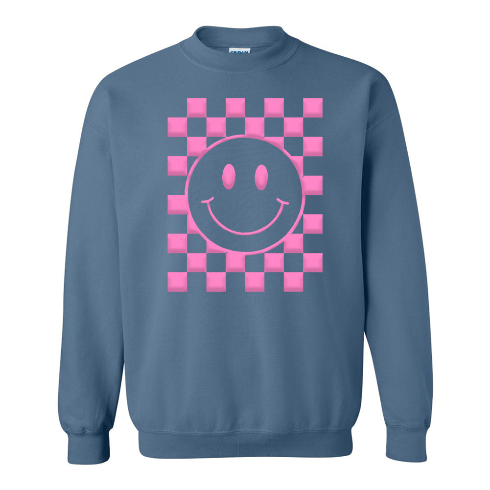 'Smiley Check' Puff Design Crewneck Sweatshirt