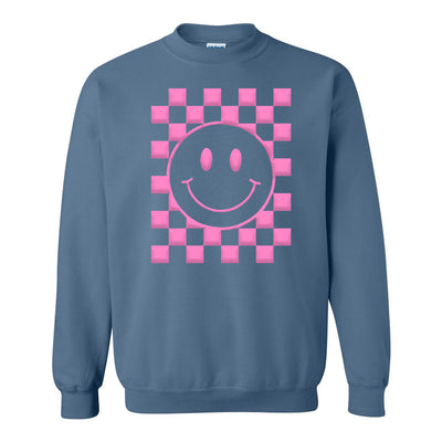 'Smiley Check' Puff Design Crewneck Sweatshirt